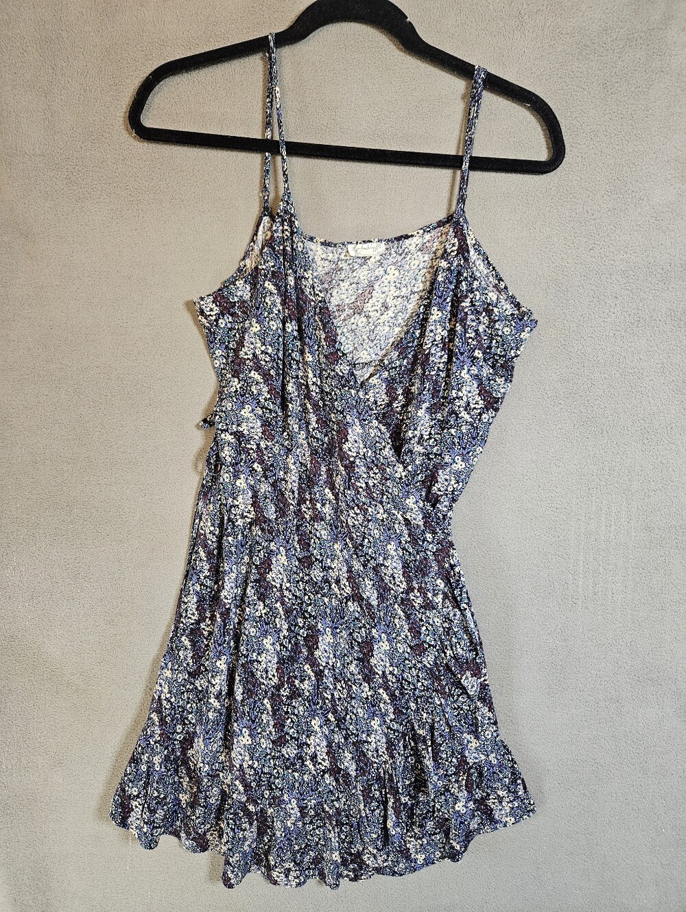 Free People Womens Large Mini Wrap Dress Blue Floral Ruffles Sleeveless Boho